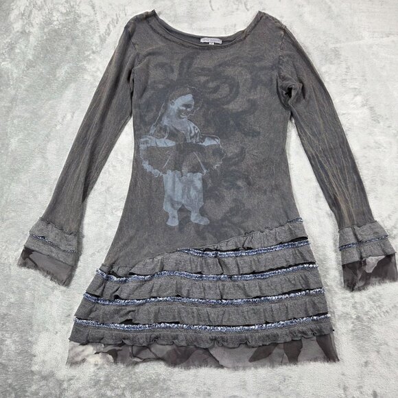 Coco Mezon Top Womens Medium Gray Tiered Ruffle Tunic Fairy Grunge Whimsigoth - Picture 2 of 10